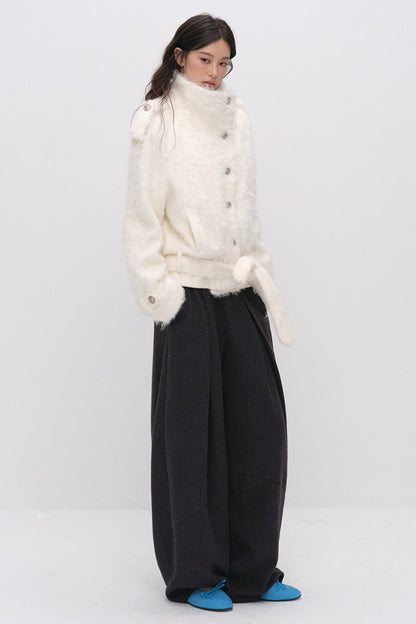 Faux Fur Diagonal Placket Tie Waist Jacket