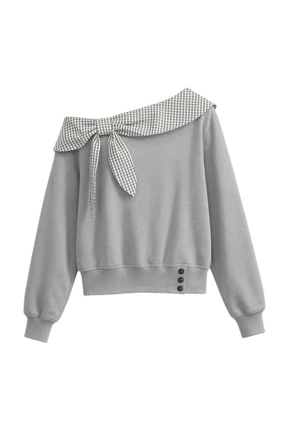 Ensemble sweatshirt épaules dénudées et jupe patchwork à carreaux