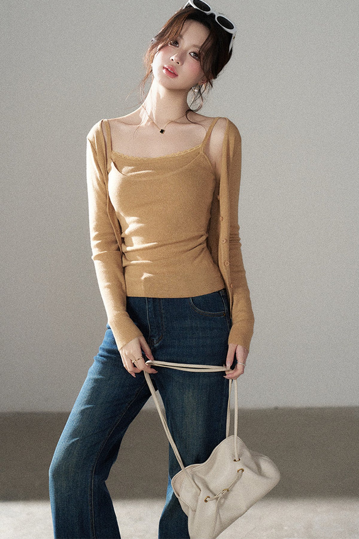 Orange Knit Vest and Cardigan and Jeans Set-Up