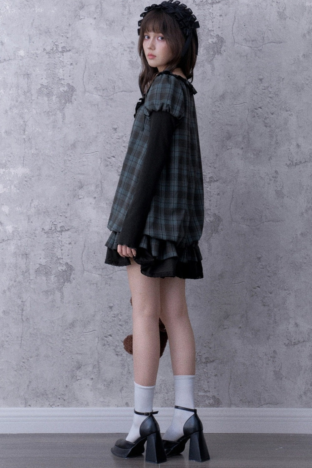 Robe babydoll à carreaux bleu et noir