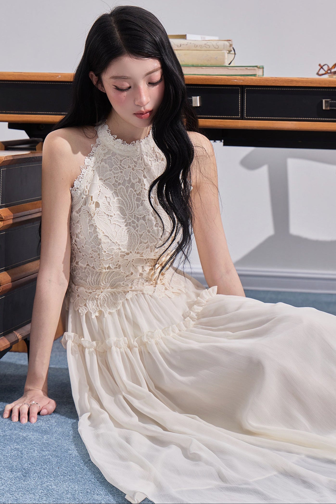 Embossed Garden Lace Halter Dress
