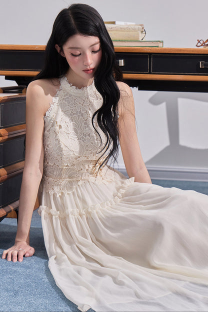 Embossed Garden Lace Halter Dress