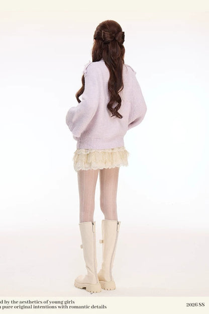 Woolen Cape Top and Lace Cake Skirt Set-Up