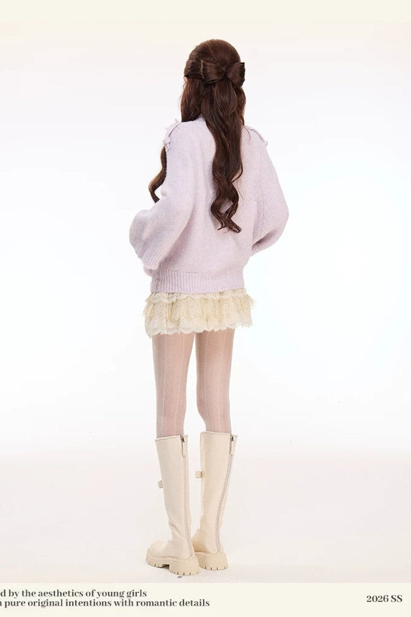 Woolen Cape Top and Lace Cake Skirt Set-Up