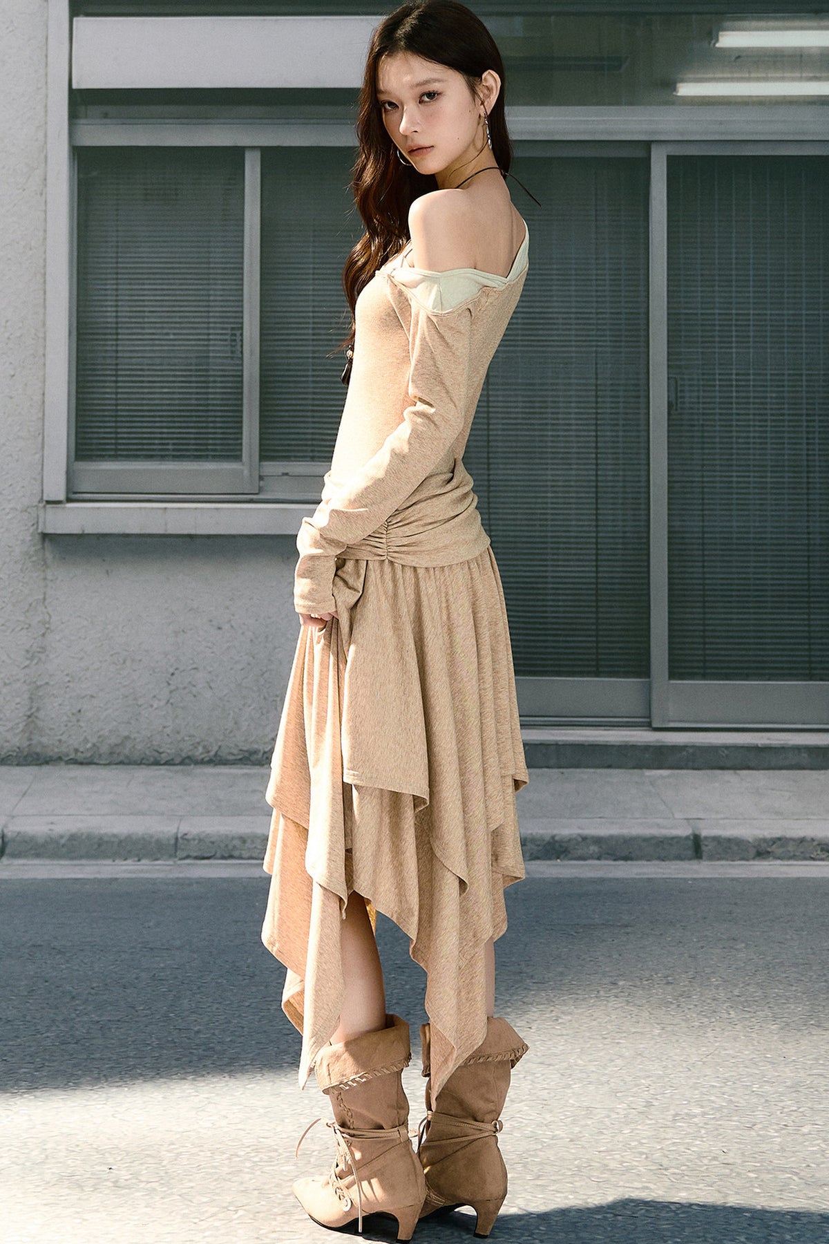 Long-Sleeved Asymmetrical Knitted Dress