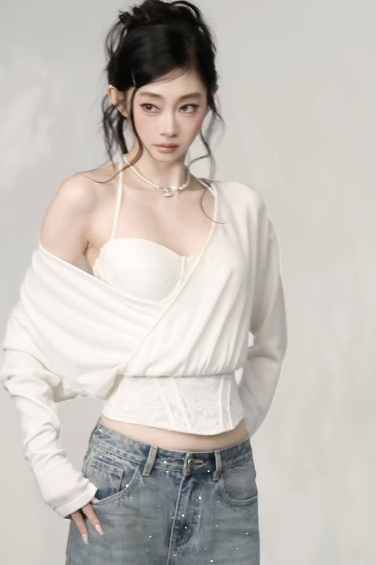 Wool Blend Layered-Look Fishbone Blouse