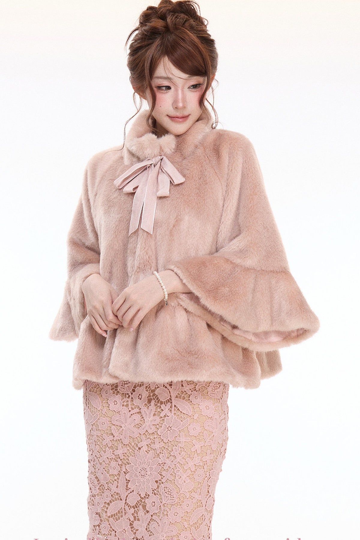 Pink Stand Collar Bow Fur Cape Coat and Midi Skirt Set-Up