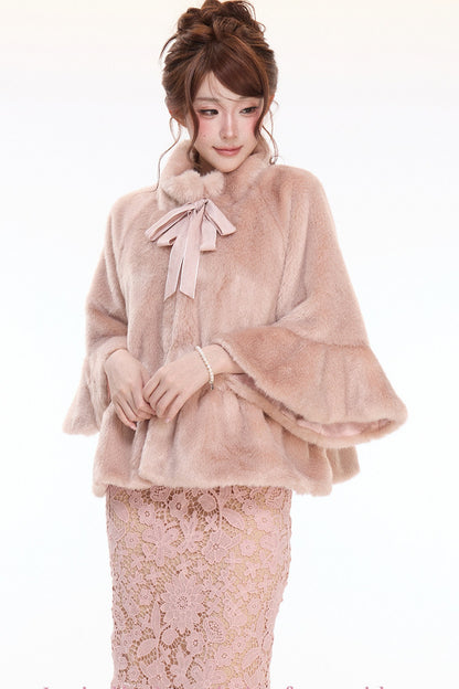 Pink Stand Collar Bow Fur Cape Coat and Midi Skirt Set-Up