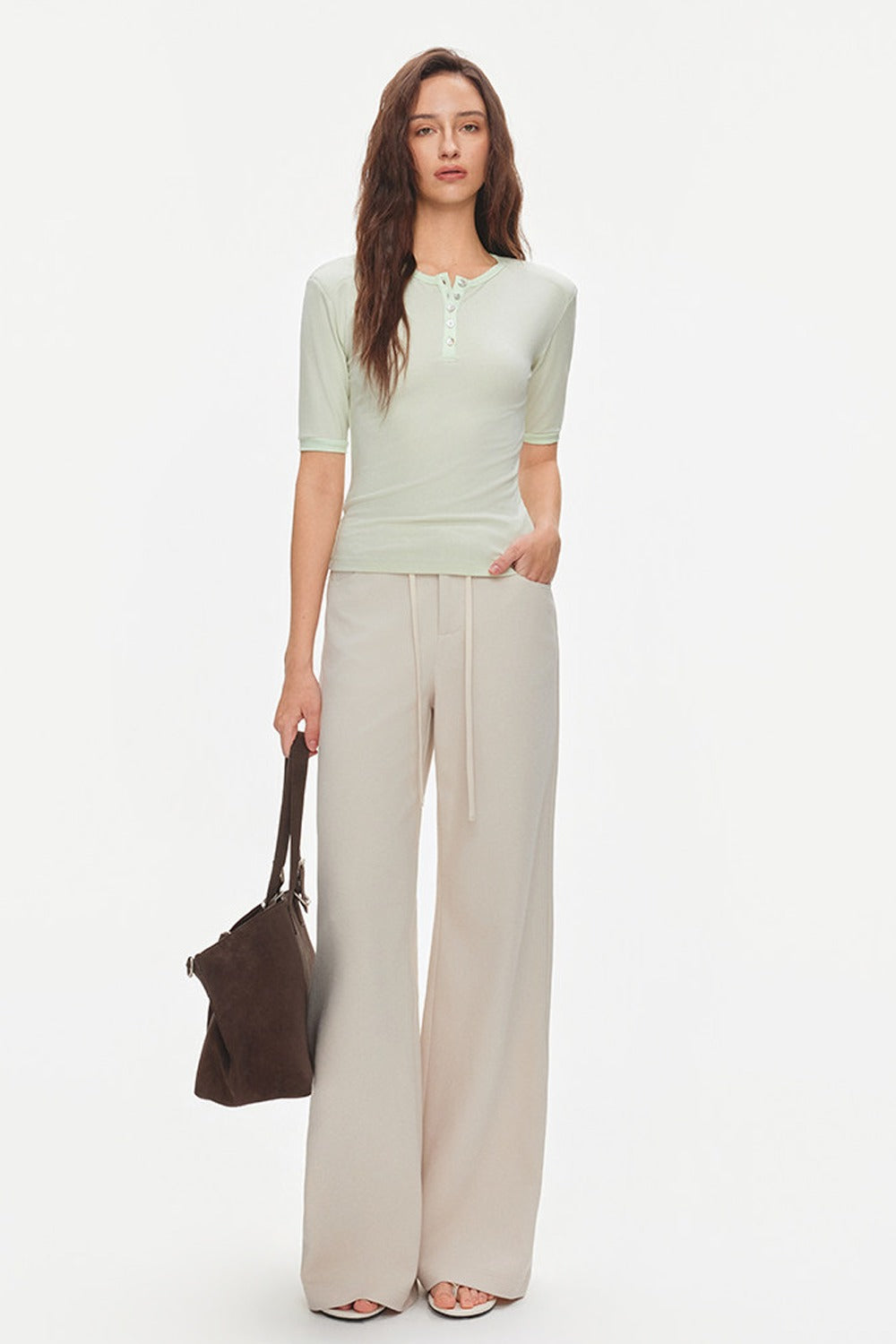 Padded Shoulder Henley Knit Top