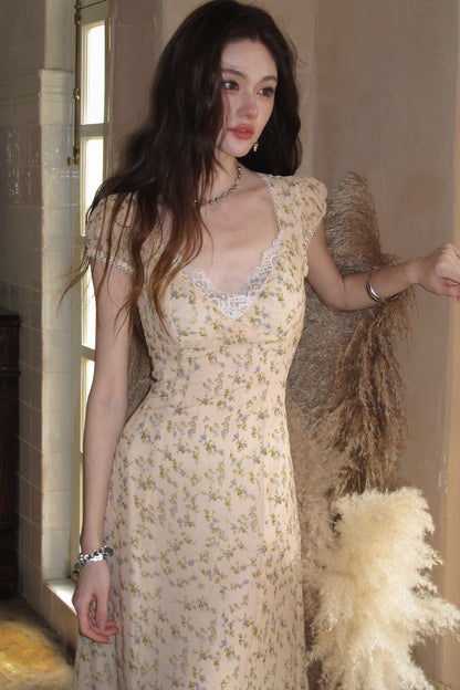 Light Yellow Floral Lace V-Neck Long Dress