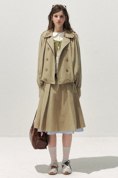 Khaki Short Trench Coat and Skirt Set-Up