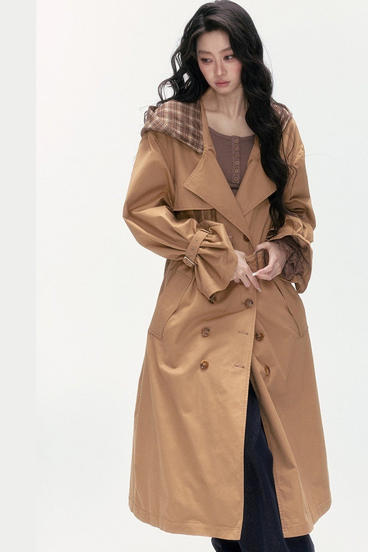 Plaid Patchwork Double-Breasted Hooded Padded Trench Coat