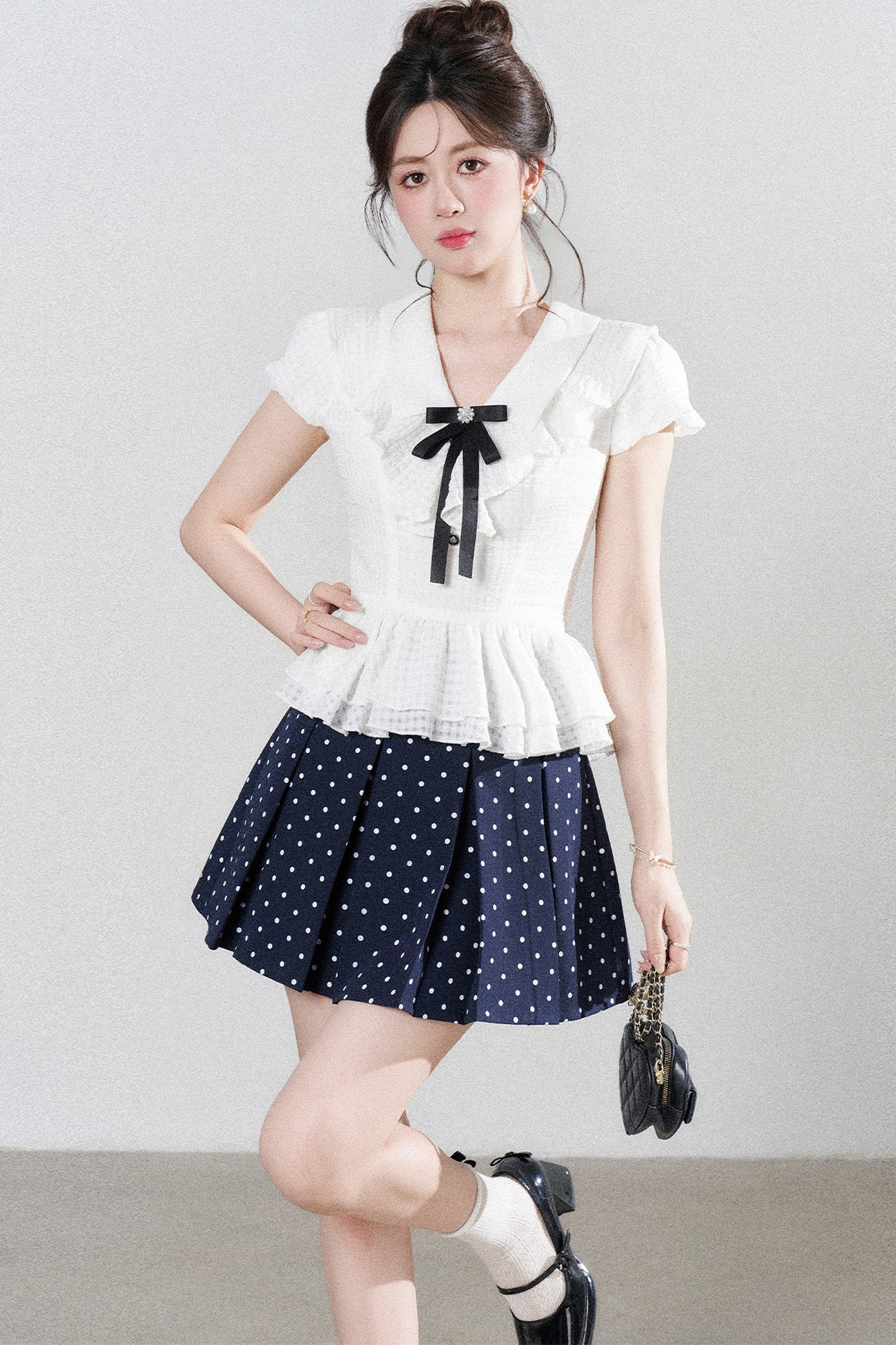 High-Waisted Polka Dot Skirt with Ruffle Shirt Set