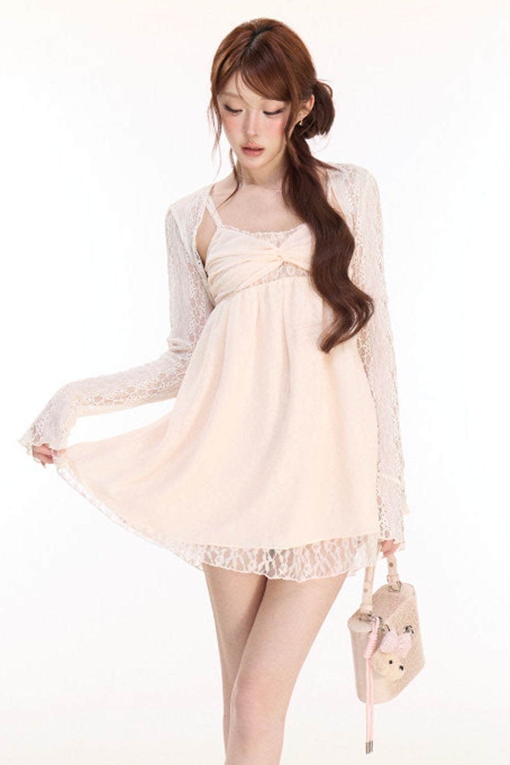 Spaghetti Strap Cross Knot Spliced Lace Dress and Cardigan Set-Up