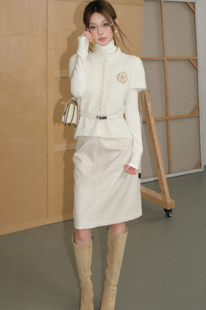 Cream White Loop Yarn Cardigan and Skirt Set-Up
