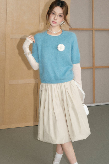 Mid-Sleeve Brushed Wool Pullover Top and A-Line Skirt Set-Up