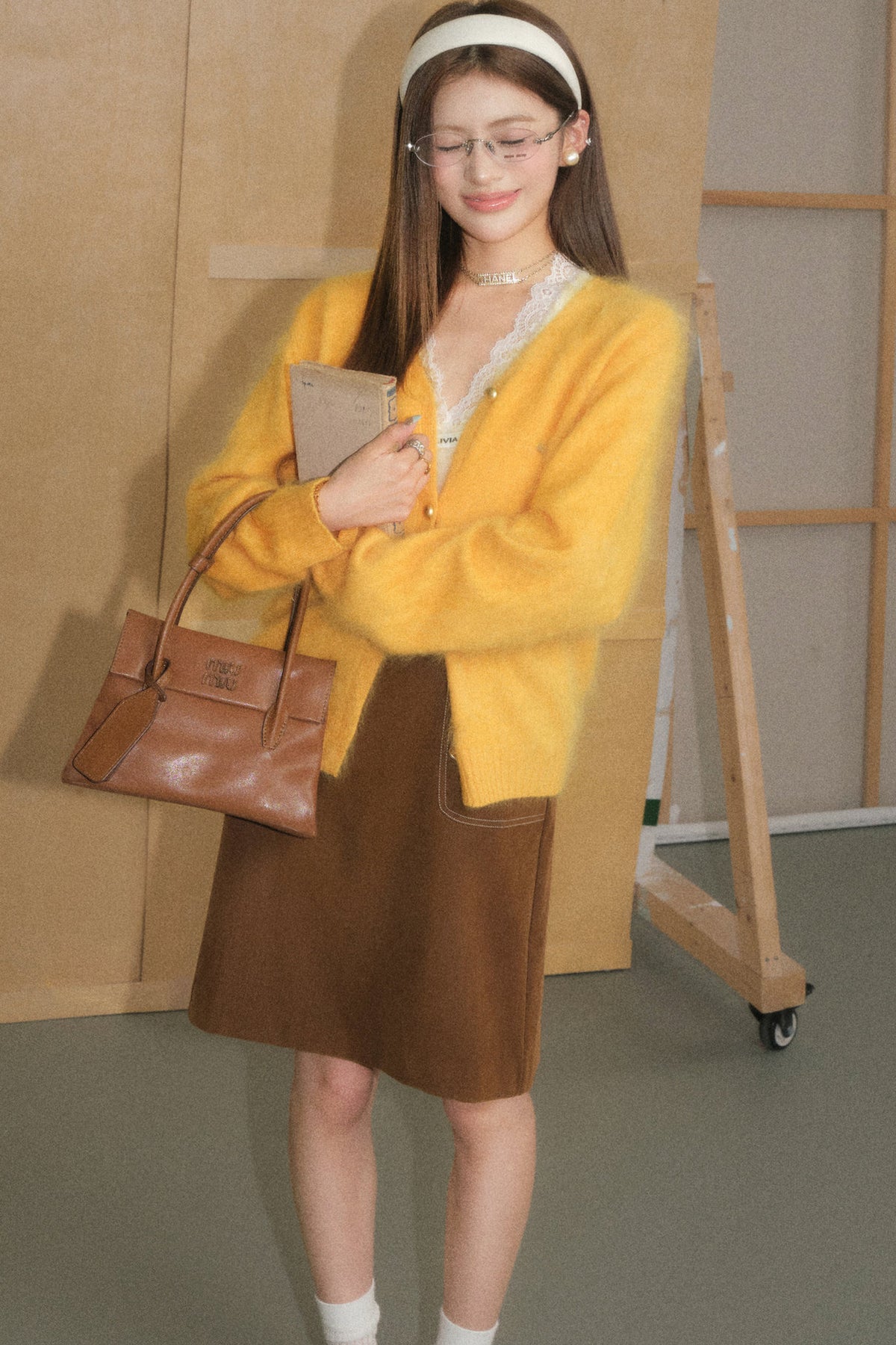 Brown A-Line Skirt Cardigan and Top Set-Up