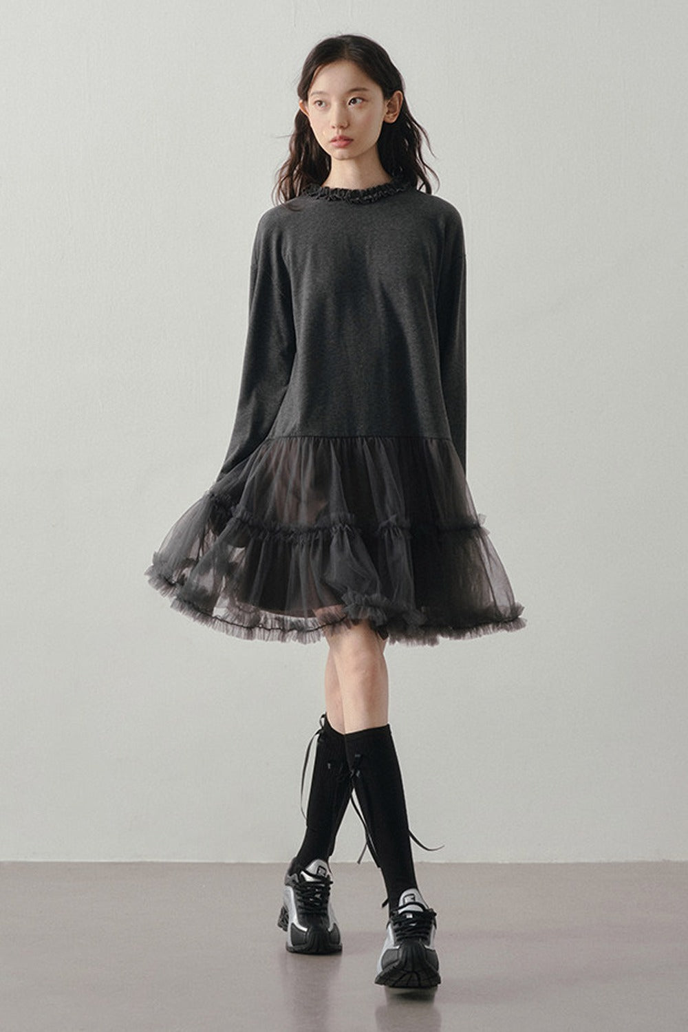 Gray Mesh Patchwork Long Sleeve Dress