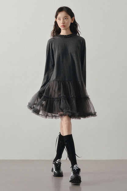Gray Mesh Patchwork Long Sleeve Dress