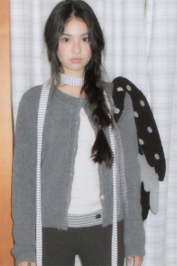 Gray Plaid Bow Knit Sweater and Pants Set-Up