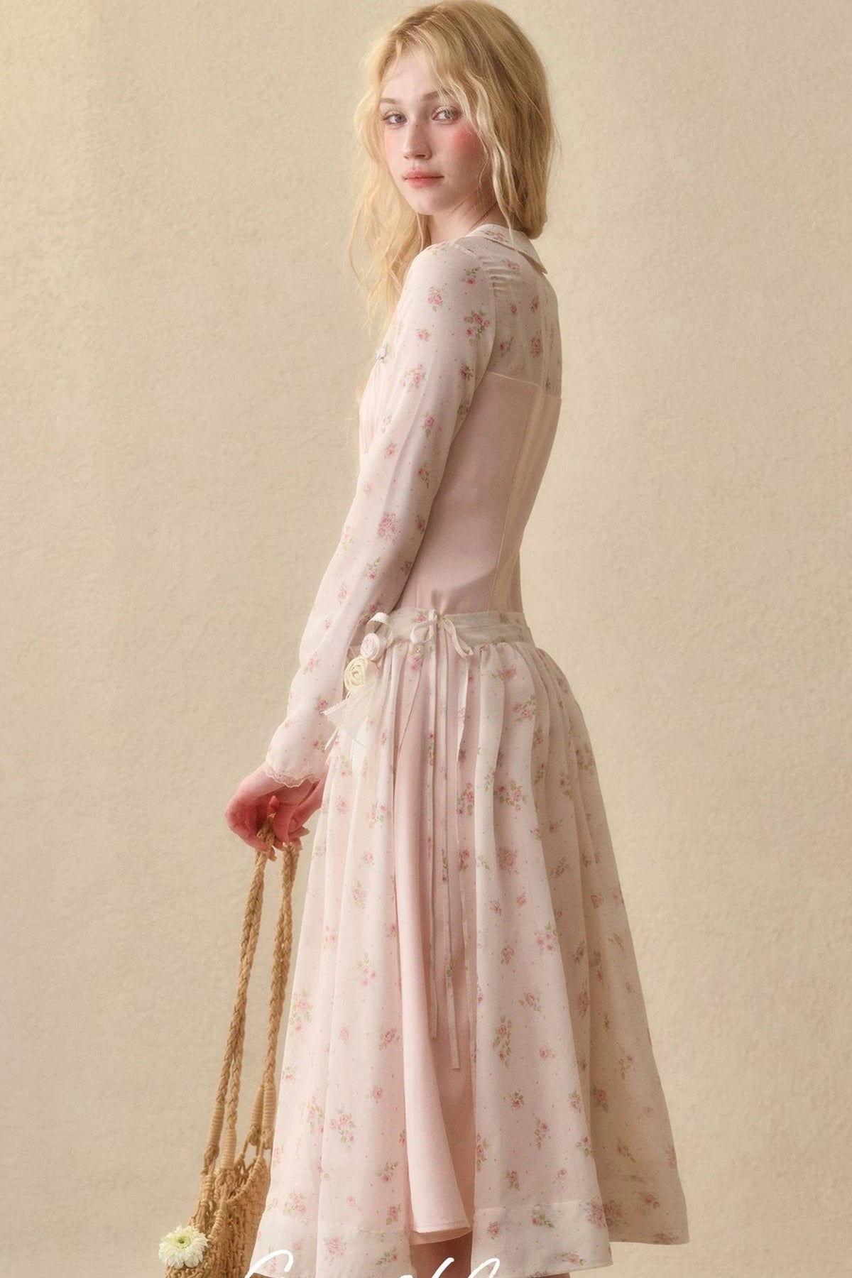 Peach Floral Satin Tencel Dress With Skirt Set-Up
