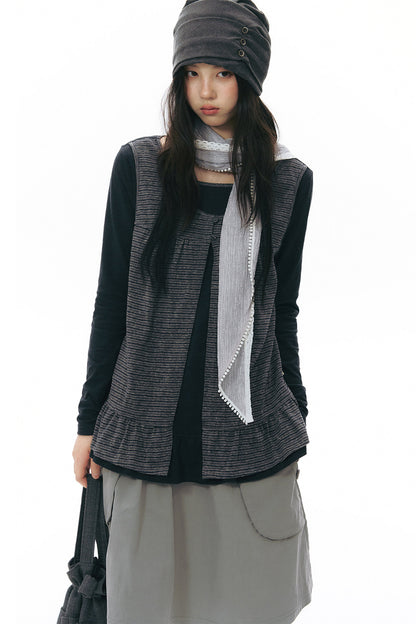 Striped Knit Patchwork Long-Sleeve Top