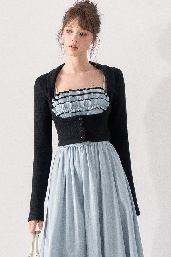 Slim Knit Cardigan and Ruffle Dress Set