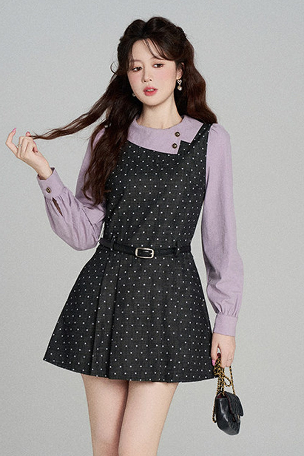 Black Purple Polka Dot Long Sleeve Dress