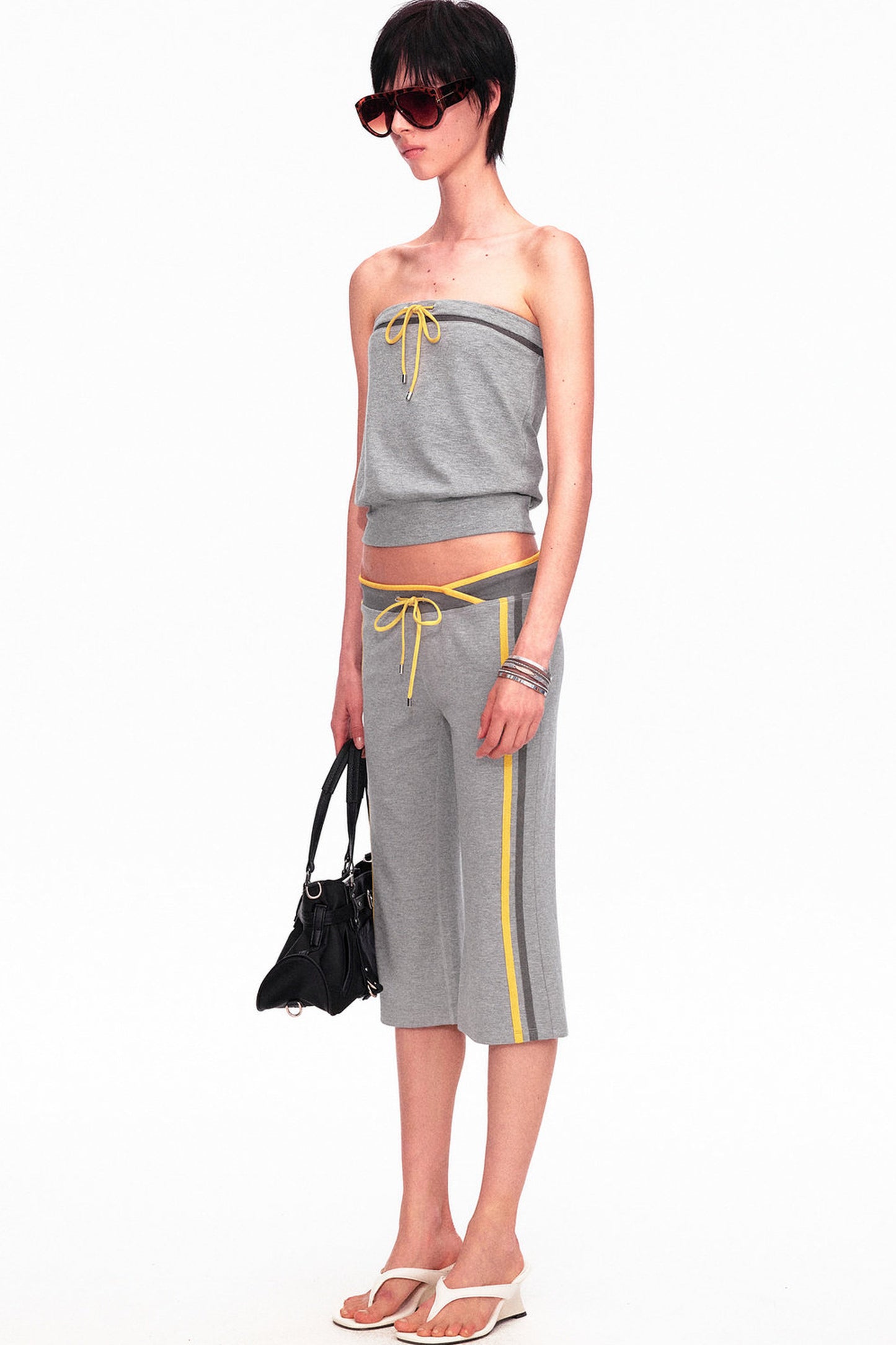Low-Waist Color-Block Drawstring Knit Capri Pants