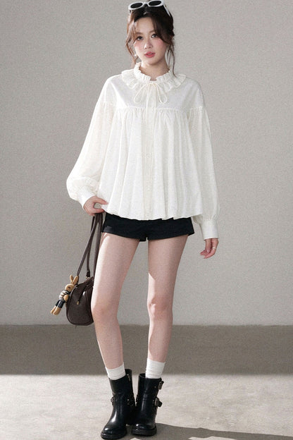 White Floral Lantern Sleeve Shirt and Pants Set-Up