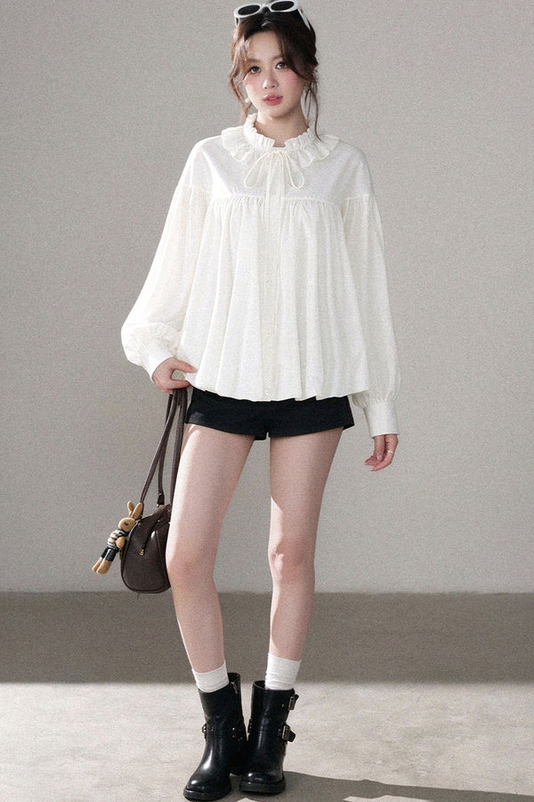 White Floral Lantern Sleeve Shirt and Pants Set-Up