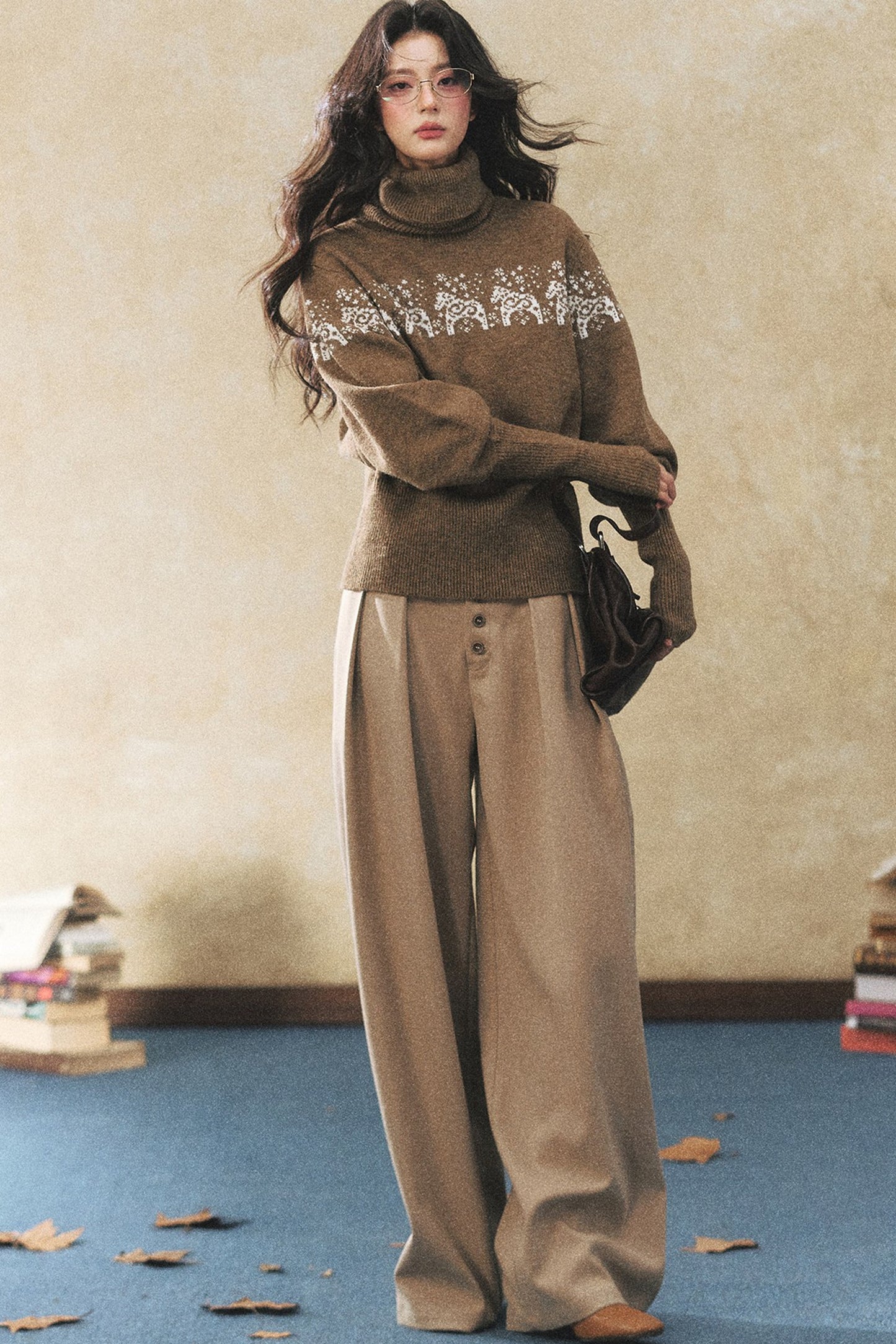 Khaki Wide-Leg Casual Pants