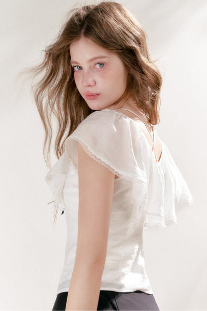 Lyocell Linen Ruffle Bow V-Neck Top and Skirt Set-Up