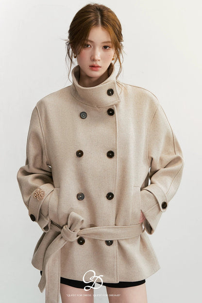 50% Wool Double-Breasted Tie Waist Jacket
