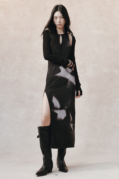 Completo con abito qipao in mesh stampato ombra inchiostro scuro