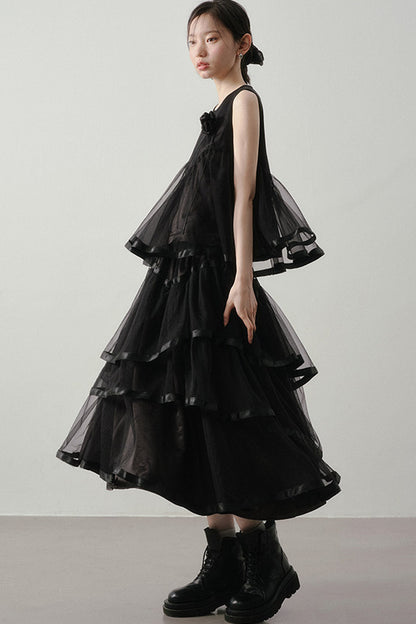 Black Mesh Layered-Look Two-Piece Set