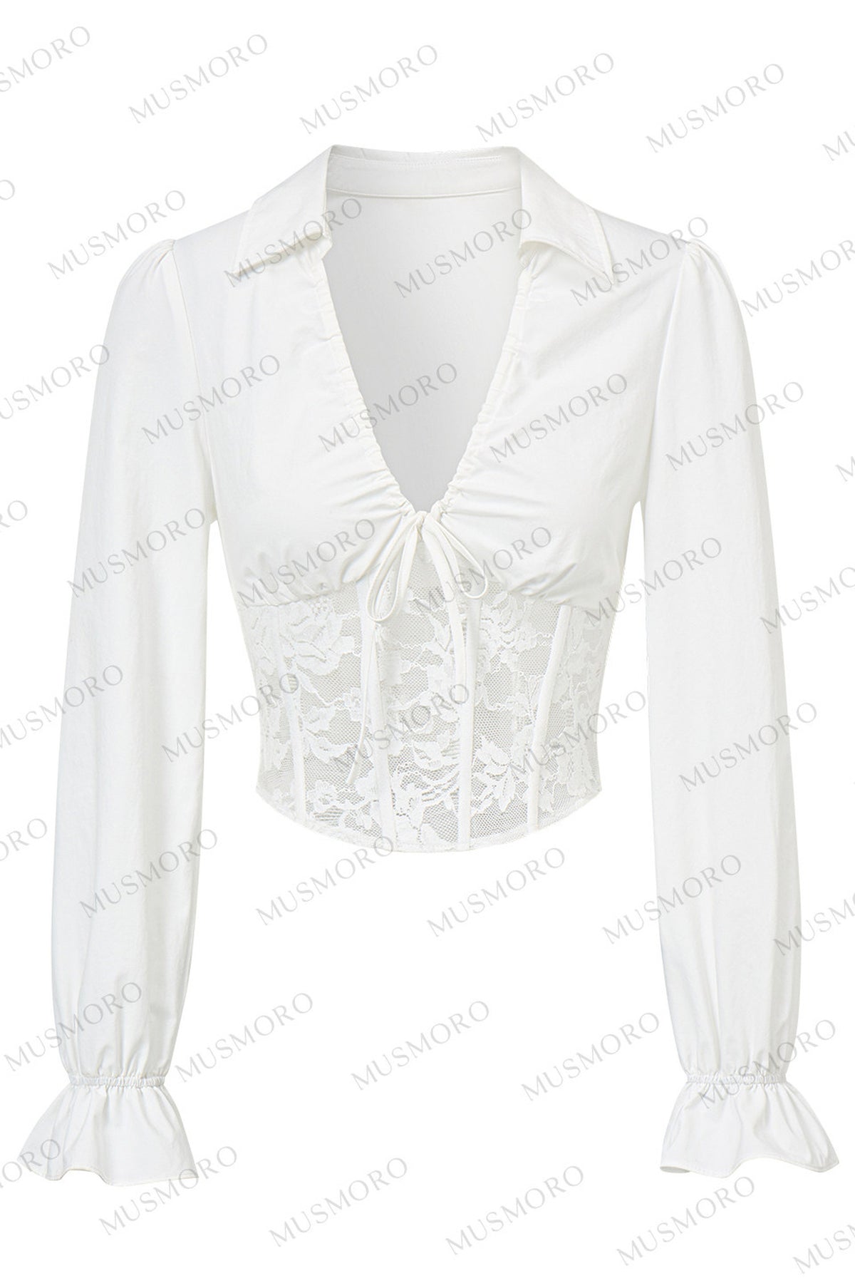 Camisa de manga larga escotada con cordón, encaje, varillas y volantes
