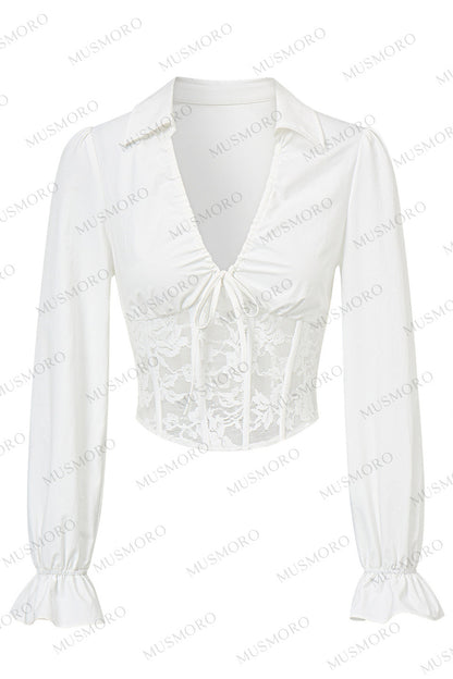 Camisa de manga larga escotada con cordón, encaje, varillas y volantes