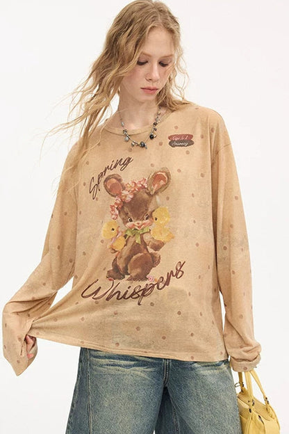 Camiseta de manga larga retro con conejito y lunares