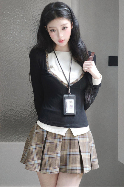 Color-Block Plaid Two-Piece Set-Up
