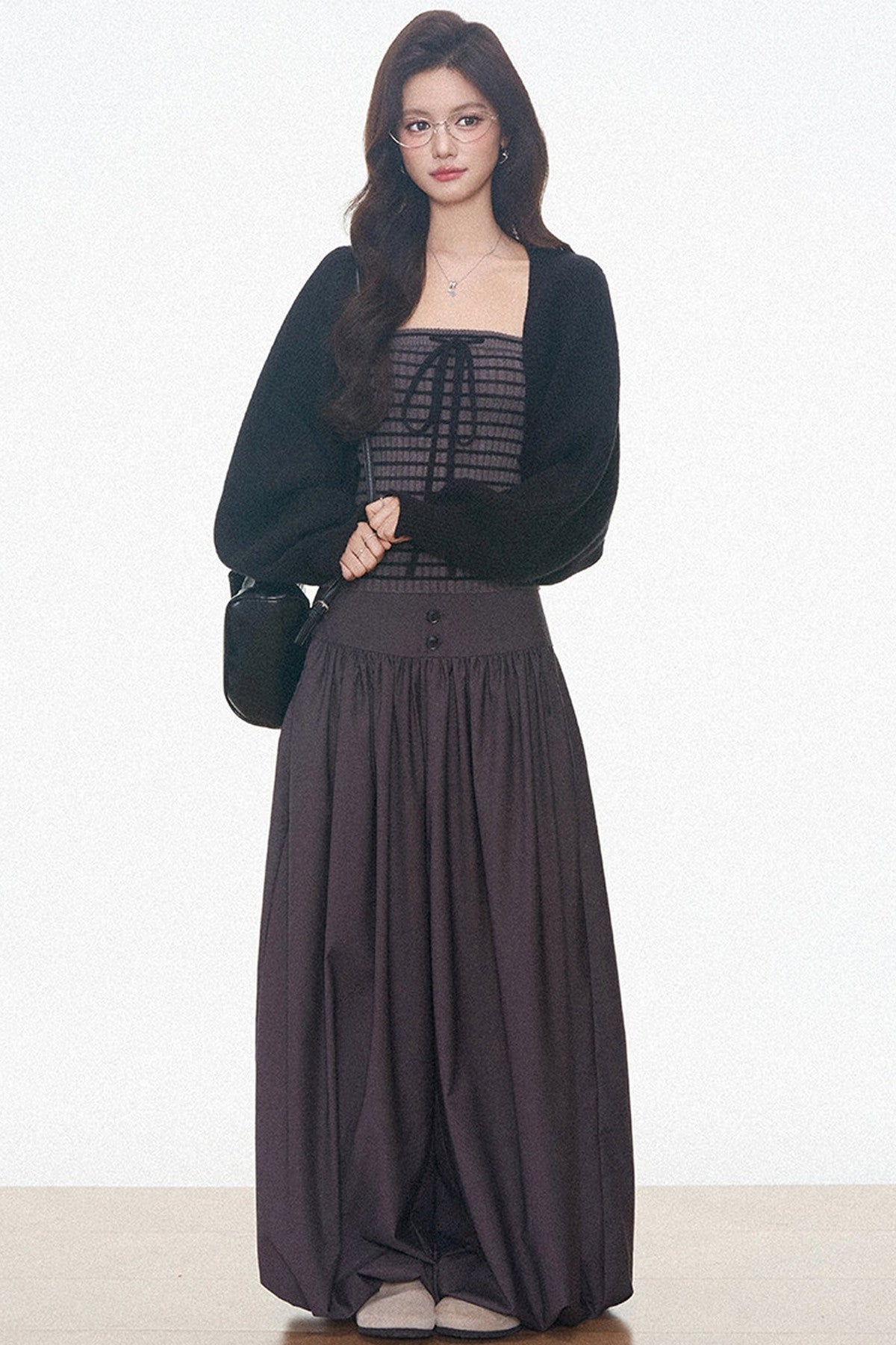 Knitted Cardigan and Tube Top and Lantern Pants Set-Up