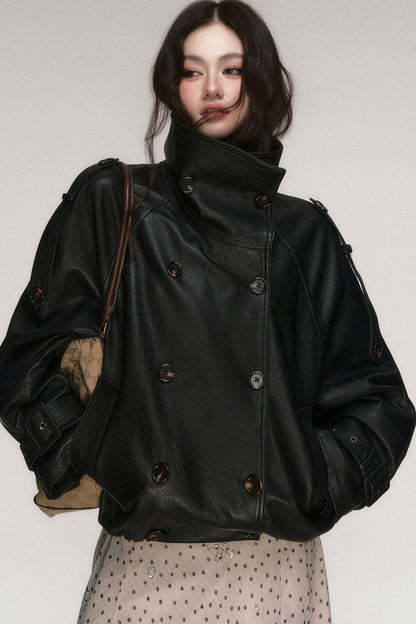 Lederjacke mit lockerer Silhouette und zweireihiger Knopfleiste