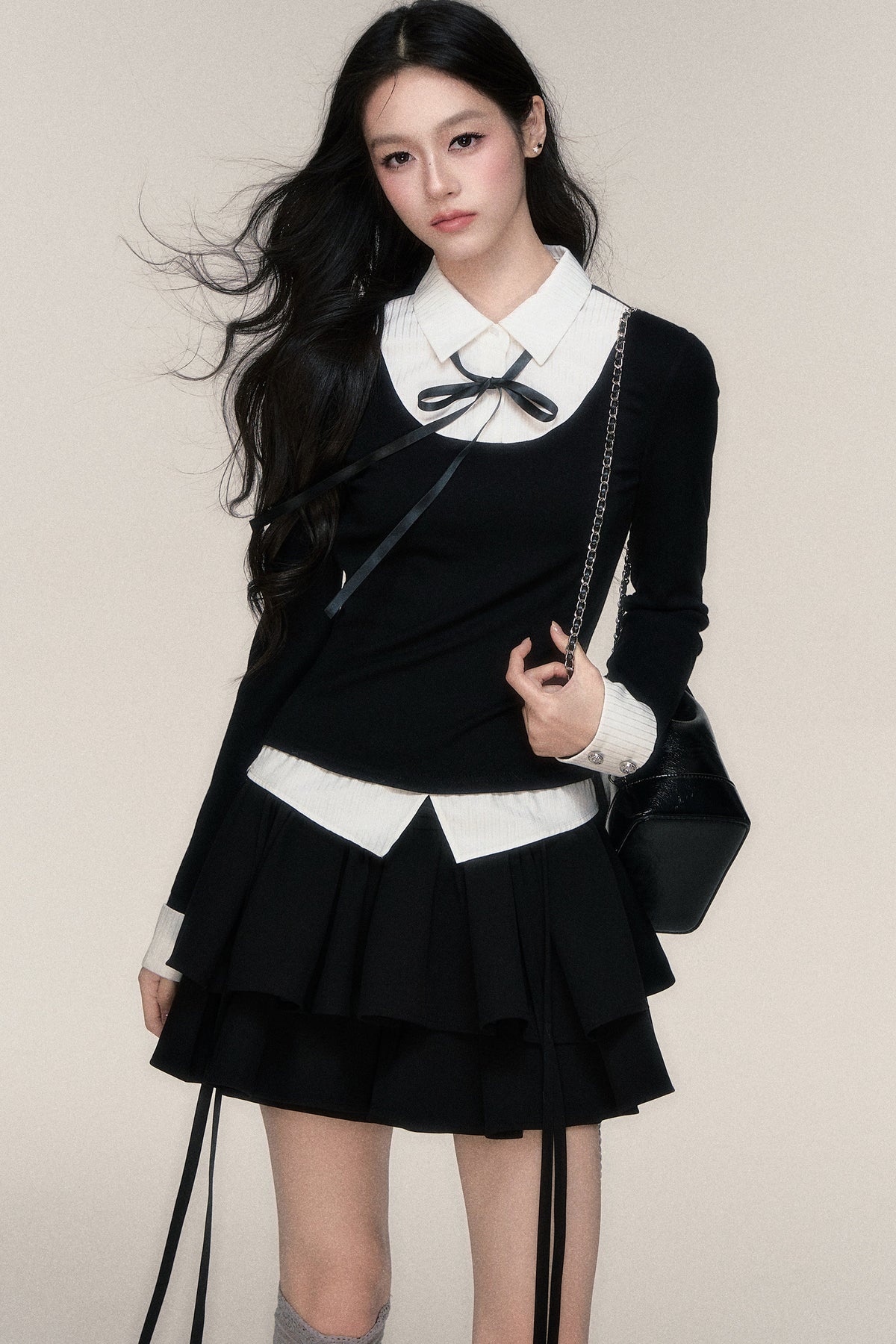 Slim Fit Color-Block T-Shirt and Skirt Set-Up
