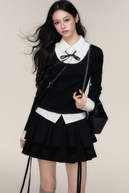 Slim Fit Color-Block T-Shirt and Skirt Set-Up