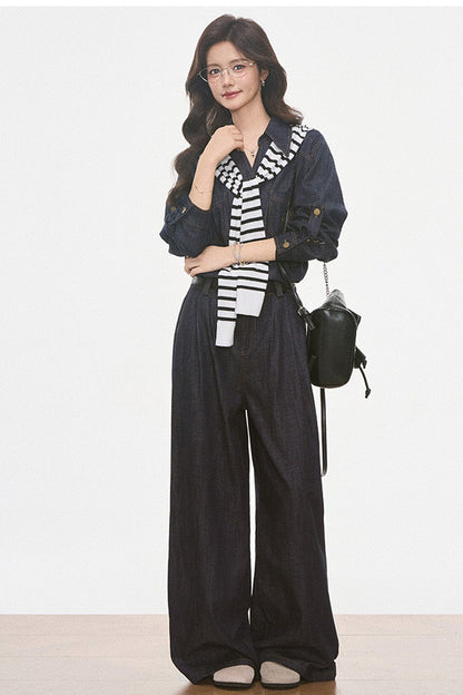 Set aus Jeansoptik-Hemd, weiter Hose und Jacke