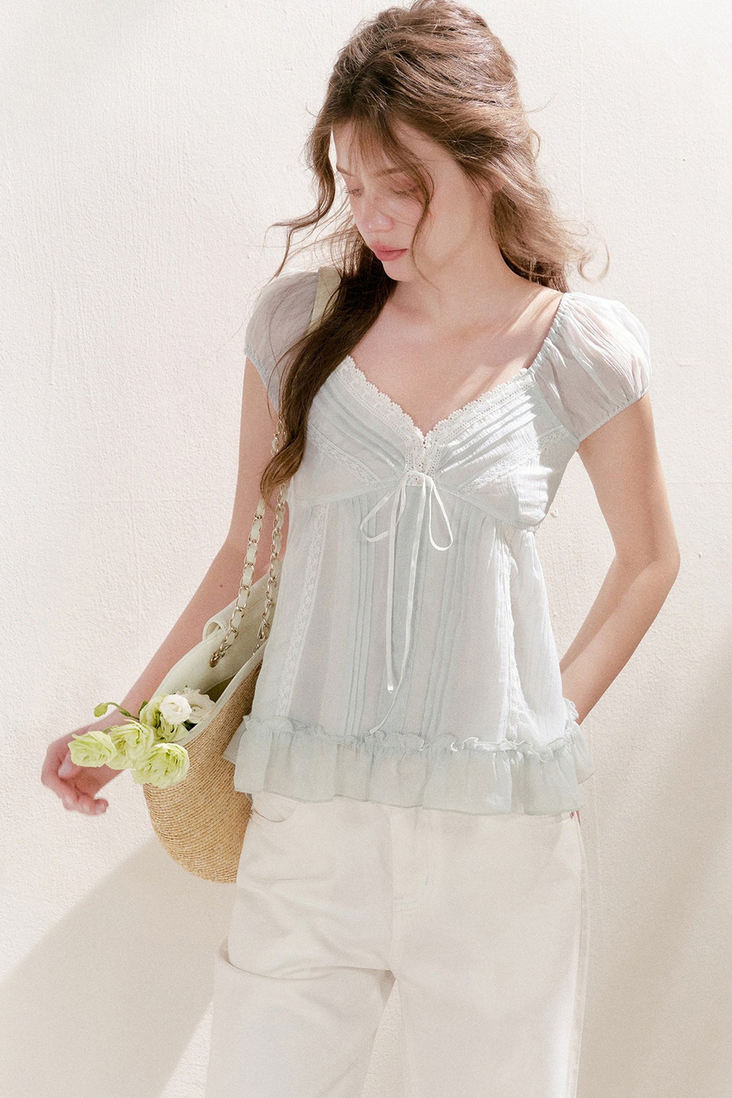 Pleated Tencel Lace Ruffle Short Sleeve Top