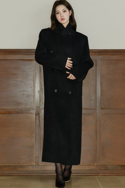 Double Breasted Notch Lapel Long Wool Coat