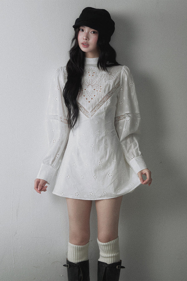 Hollow Embroidery Patchwork Long-Sleeve A-Line Dress