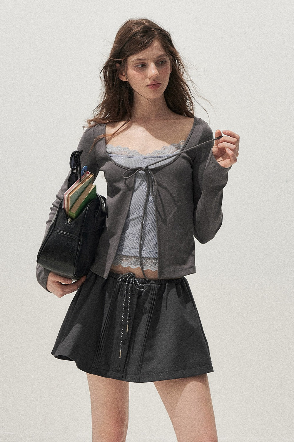 Lace Spliced Tie-Up Long Sleeve Top