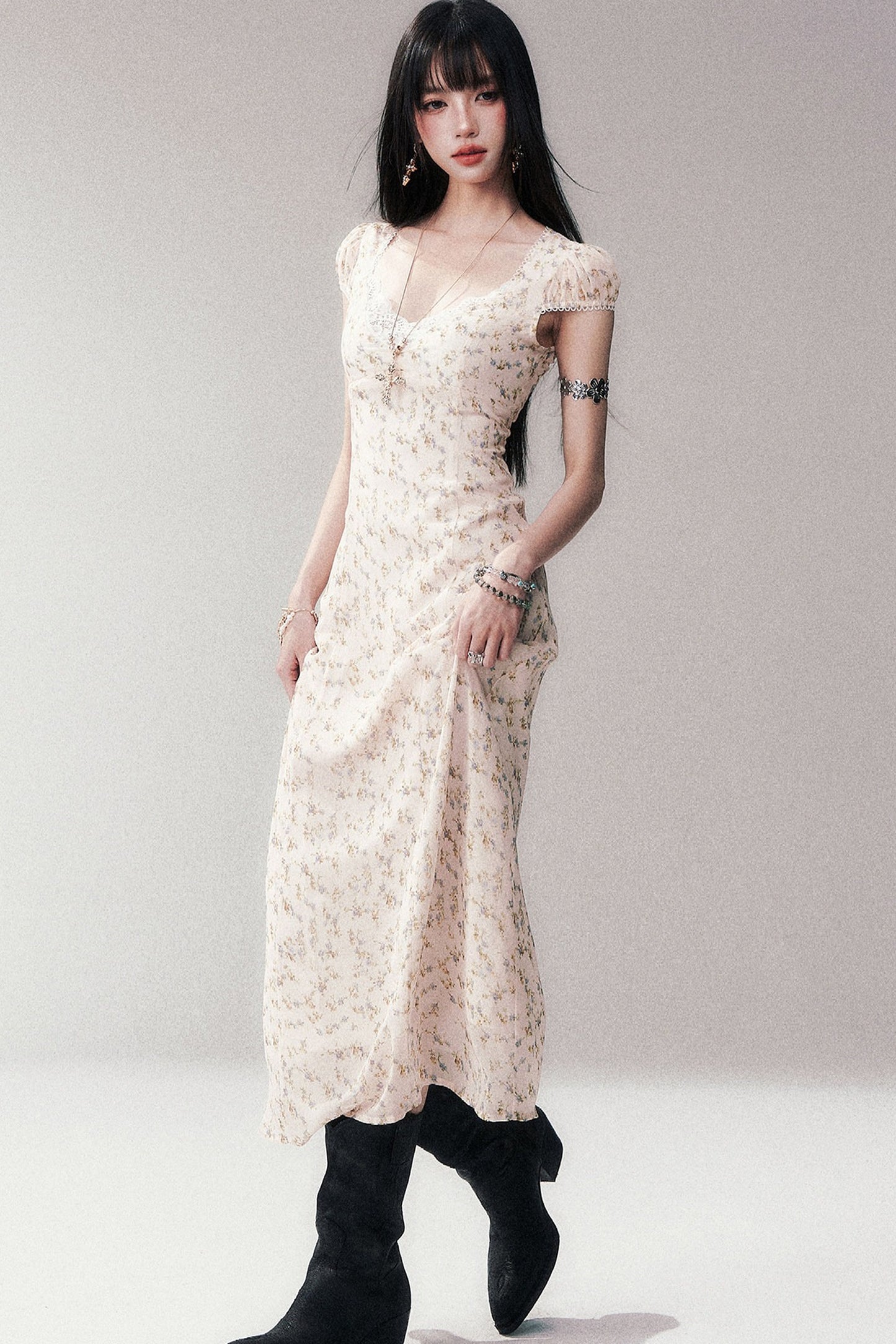 Light Yellow Floral Lace V-Neck Long Dress